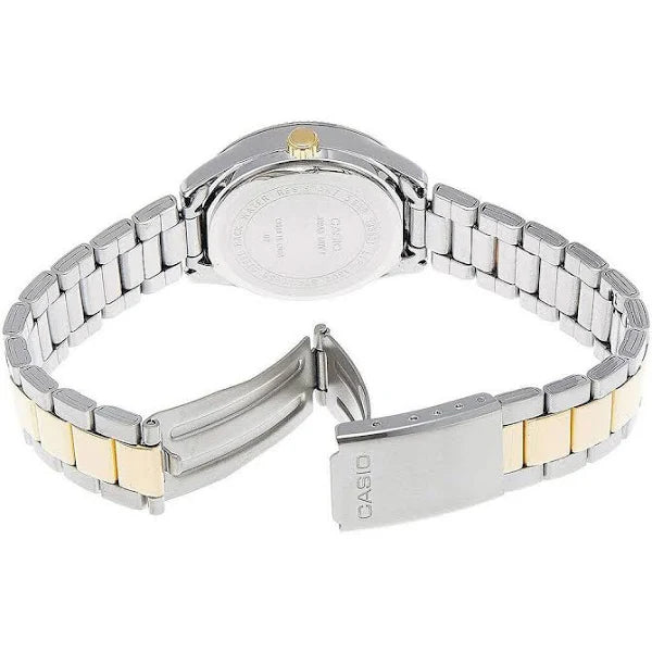 Casio Timeless Collection MTP-1302PSG-7AVEF shown with an unclasped deployment buckle and inner folding mechanism