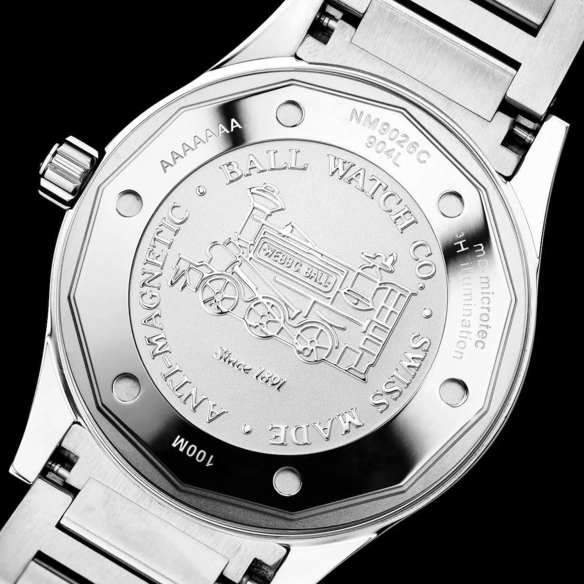 BALL Engineer III Marvelight NM9026C-S46C-MSLR back case showing engraved train motif and model specification
