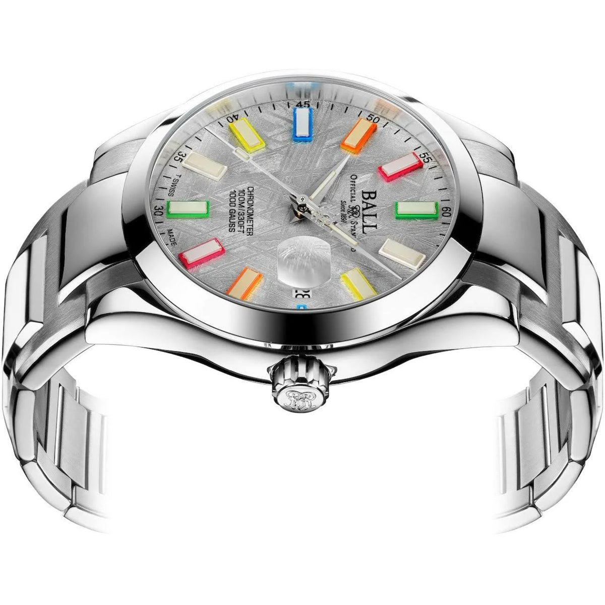 BALL Engineer III Marvelight NM9026C-S46C-MSLR angled front view showcasing meteorite rainbow dial with steel bracelet