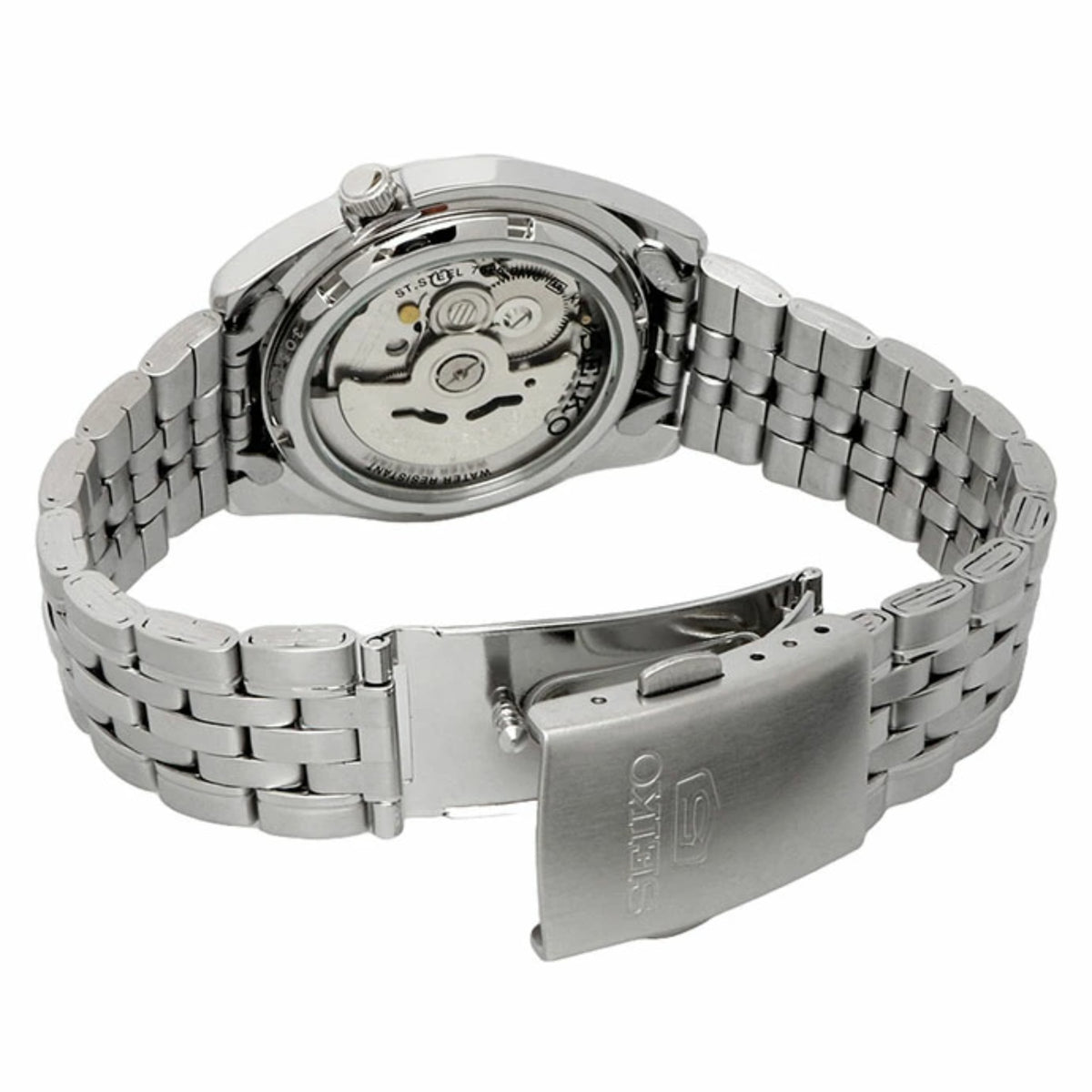Seiko 5 SNK357K1 stainless steel link bracelet automatic watch with clasp and visible caseback