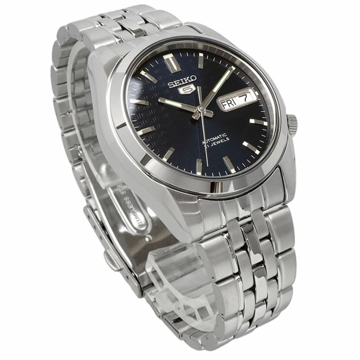 Seiko 5 SNK357K1 stainless steel automatic men’s watch with dark dial and crown, day/date at 7