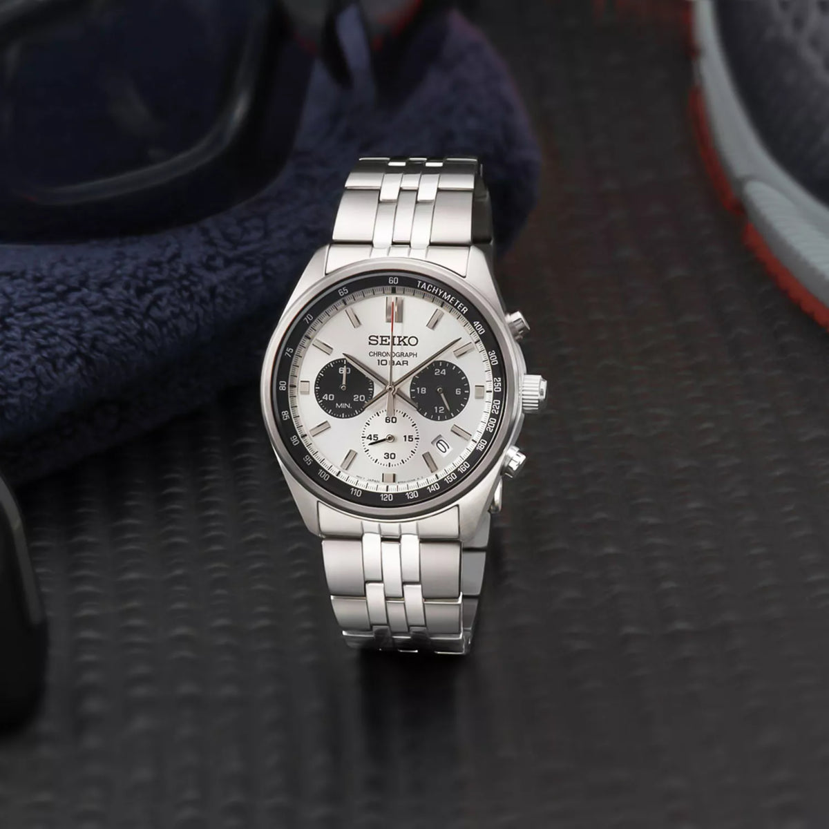 Seiko SSB425P1 chronograph watch placed on dark surface 