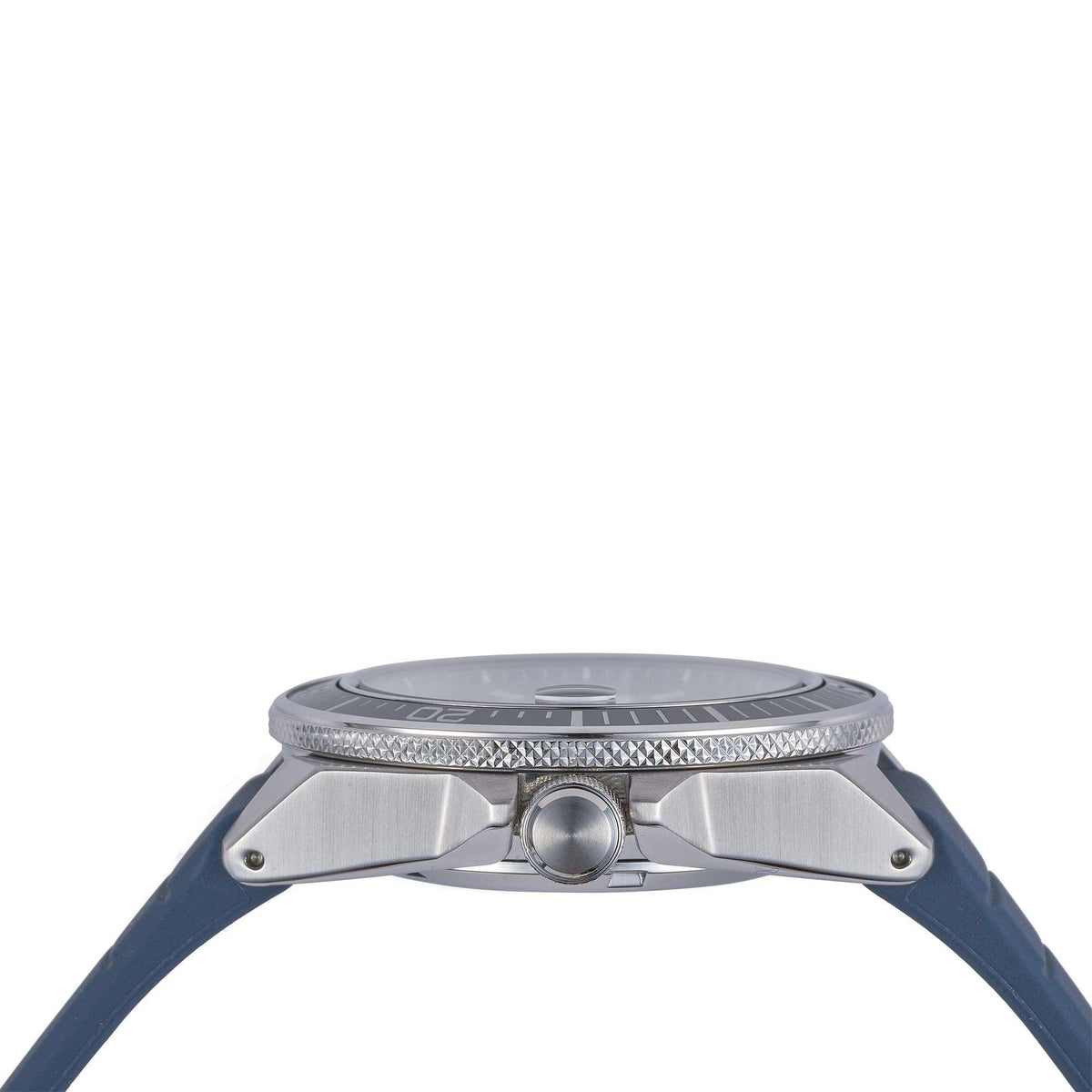 Men's Seiko diver watch side view with blue silicone strap and silver crown