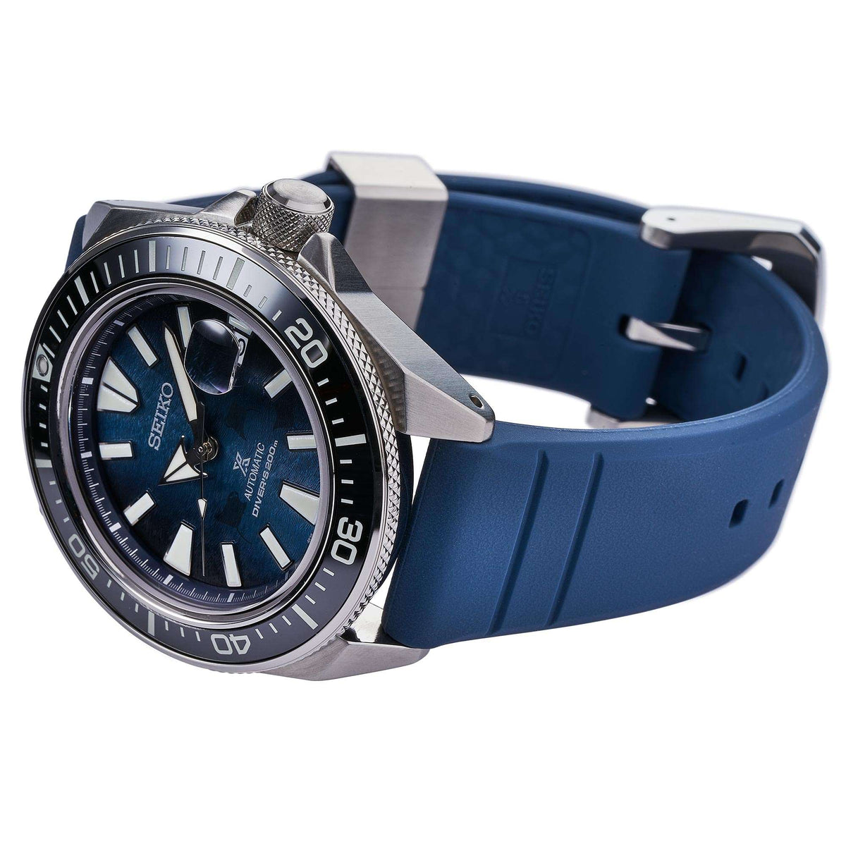 Men's Seiko diver watch on blue silicone strap with silver bezel and blue dial