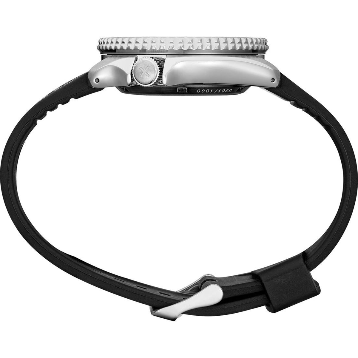 Seiko 5 Sports watch with black silicone strap and steel caseback, crown at top