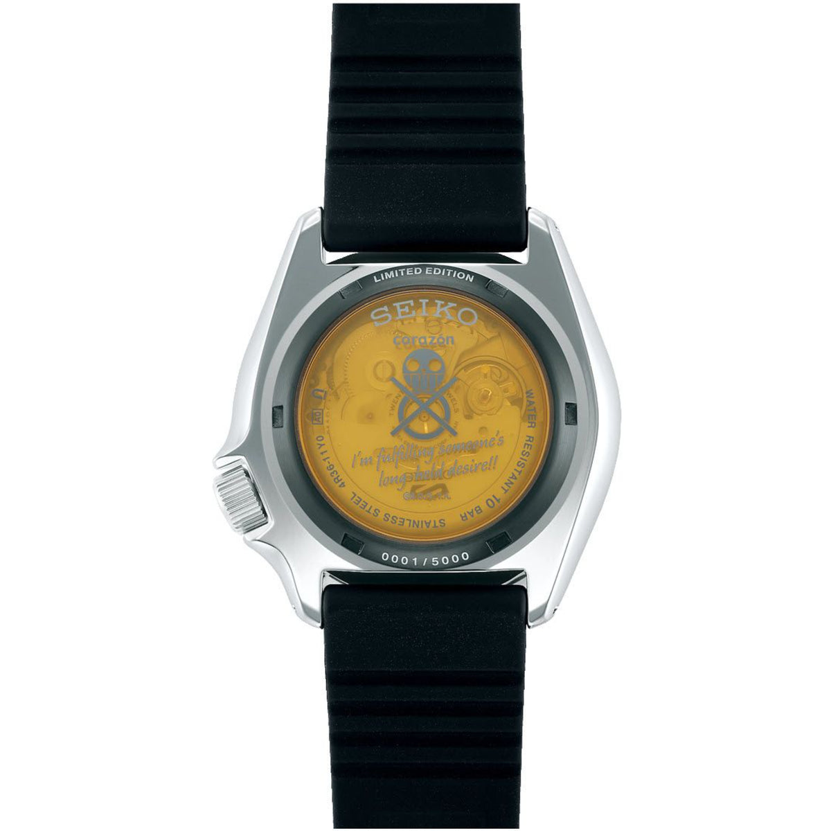 Seiko 5 Sports watch caseback with gold-toned emblem, black silicone strap