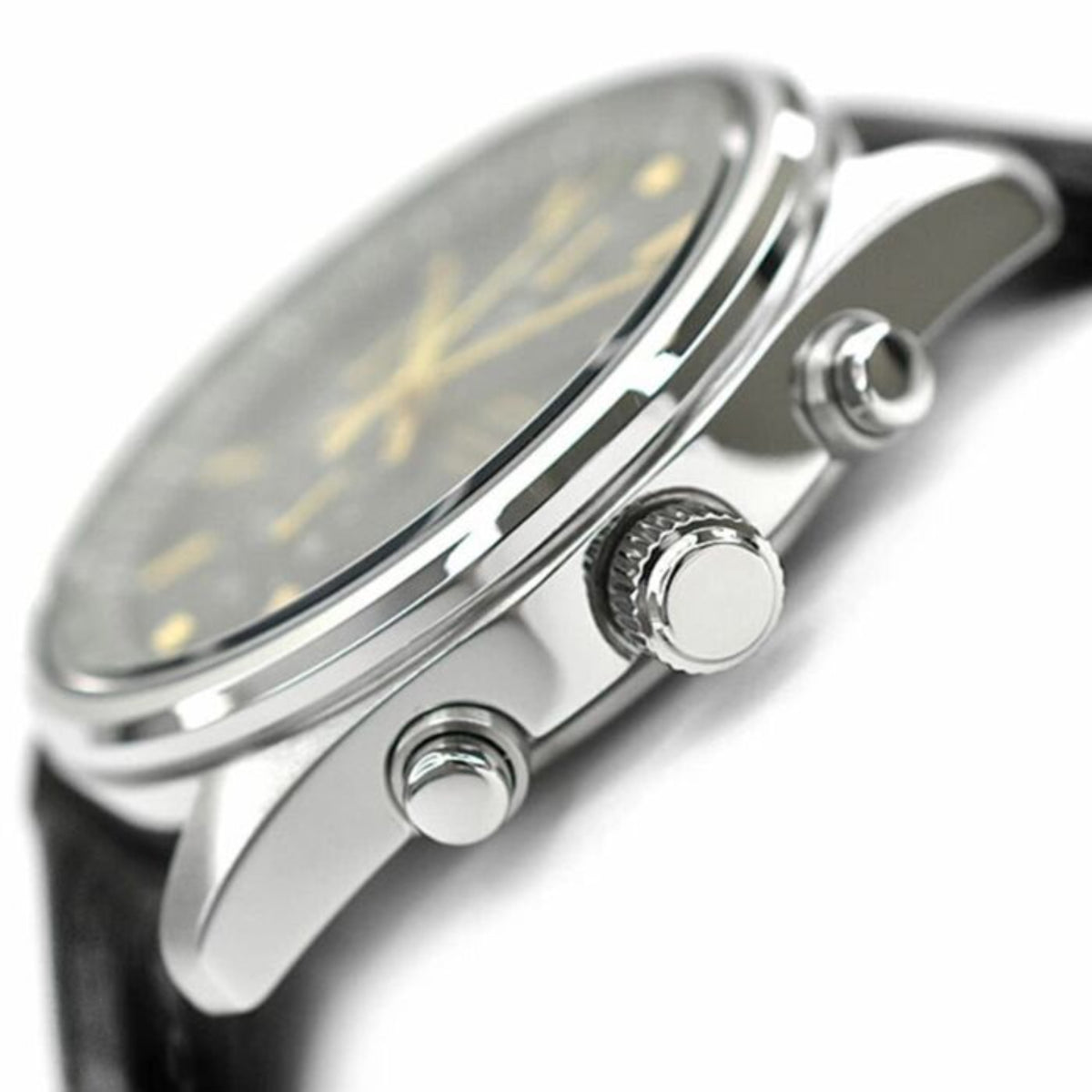 Side view of Seiko SSB385P1 chronograph watch showing case thickness and pushers