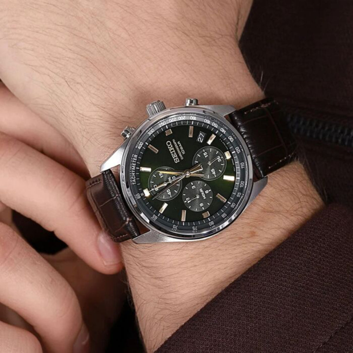 Seiko SSB385P1 green dial chronograph watch worn on wrist
