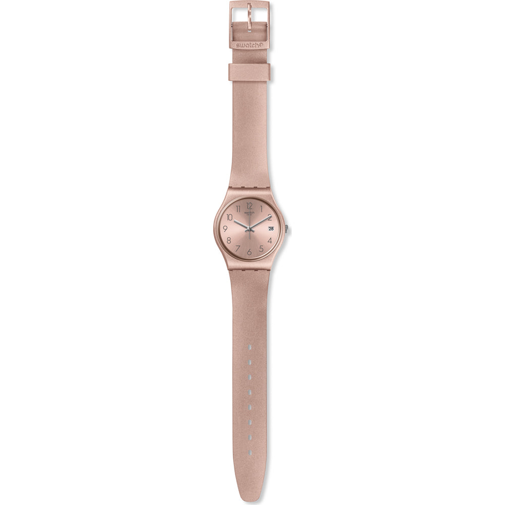Pink quartz ladies watch with rose round case and beige textured strap