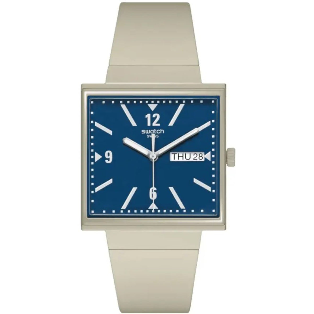 Beige square Swatch watch with blue dial, white markers, THU 28 date, three hands