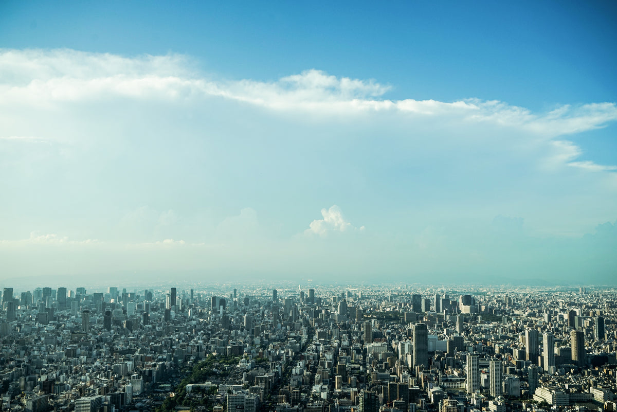 Panoramic aerial view of the Tokyo city skyline under a clear blue sky, representing Japanese craftsmanship in watchmaking