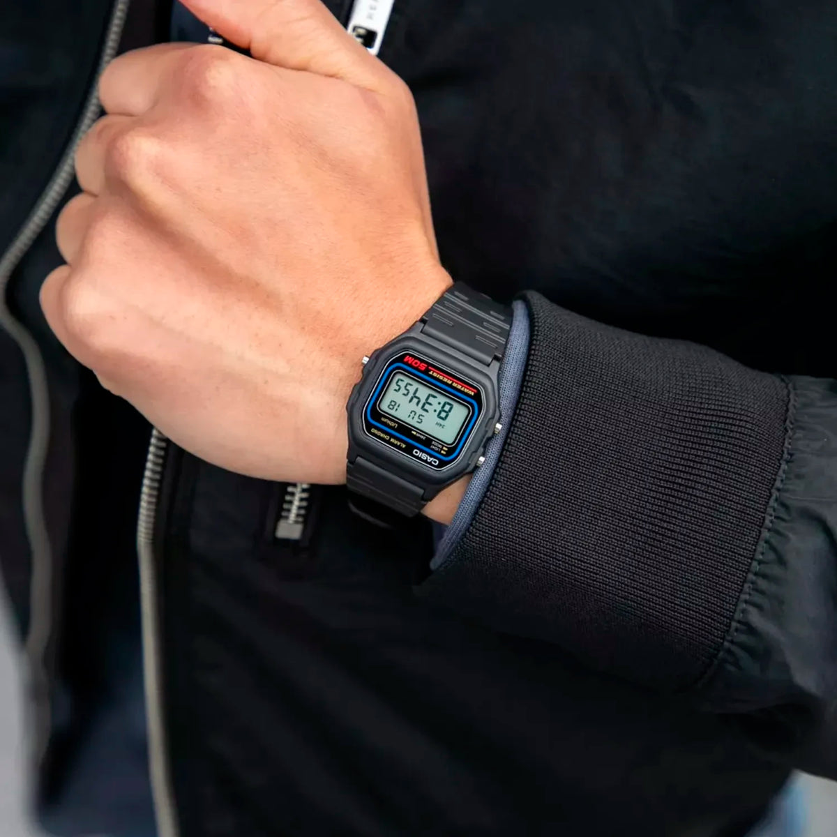 Casio Timeless W-59-1VQES on-wrist perspective highlighting digital dial display and resin strap