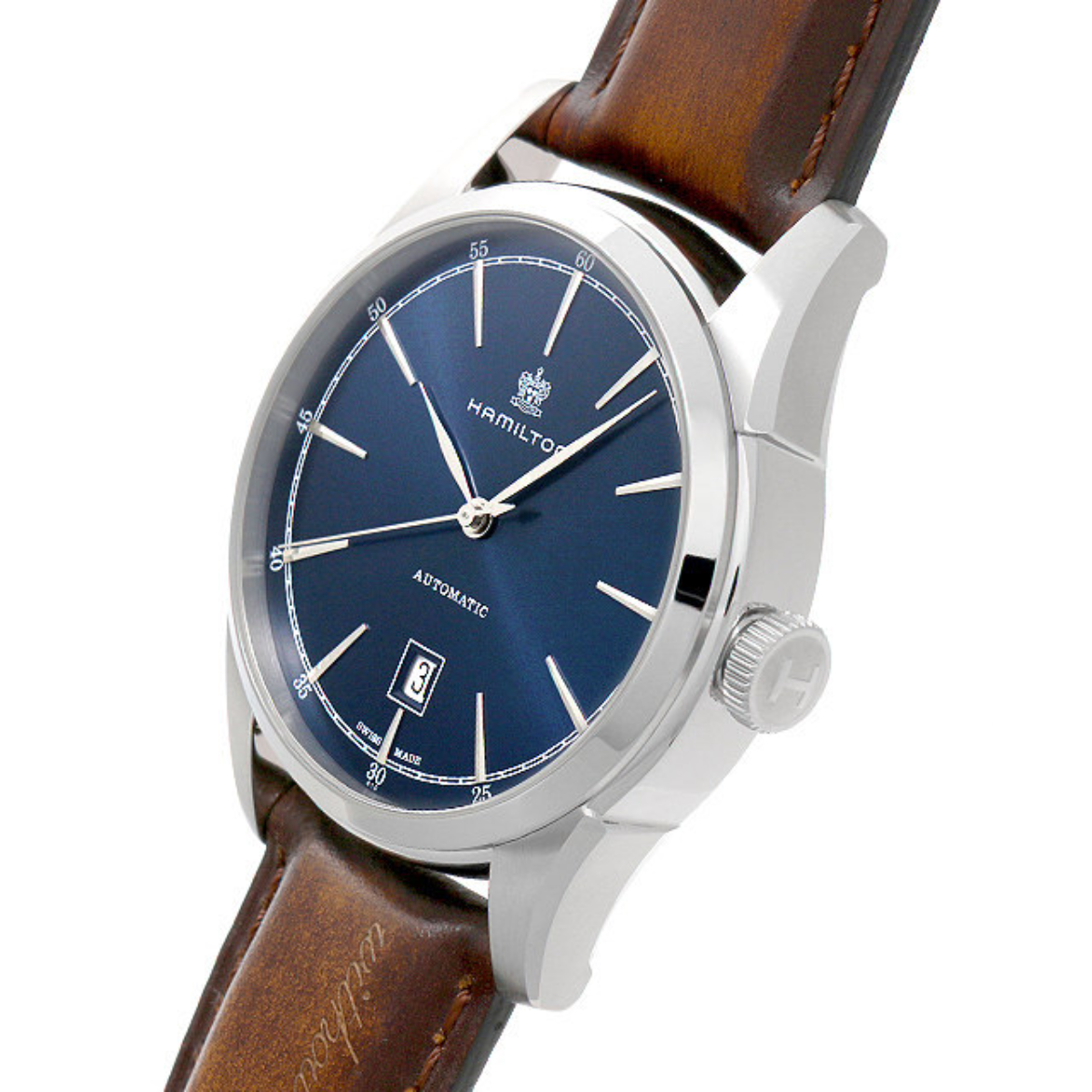 Hamilton Spirit of Liberty H42415541 blue sunburst dial with leaf-style hands and date close-up