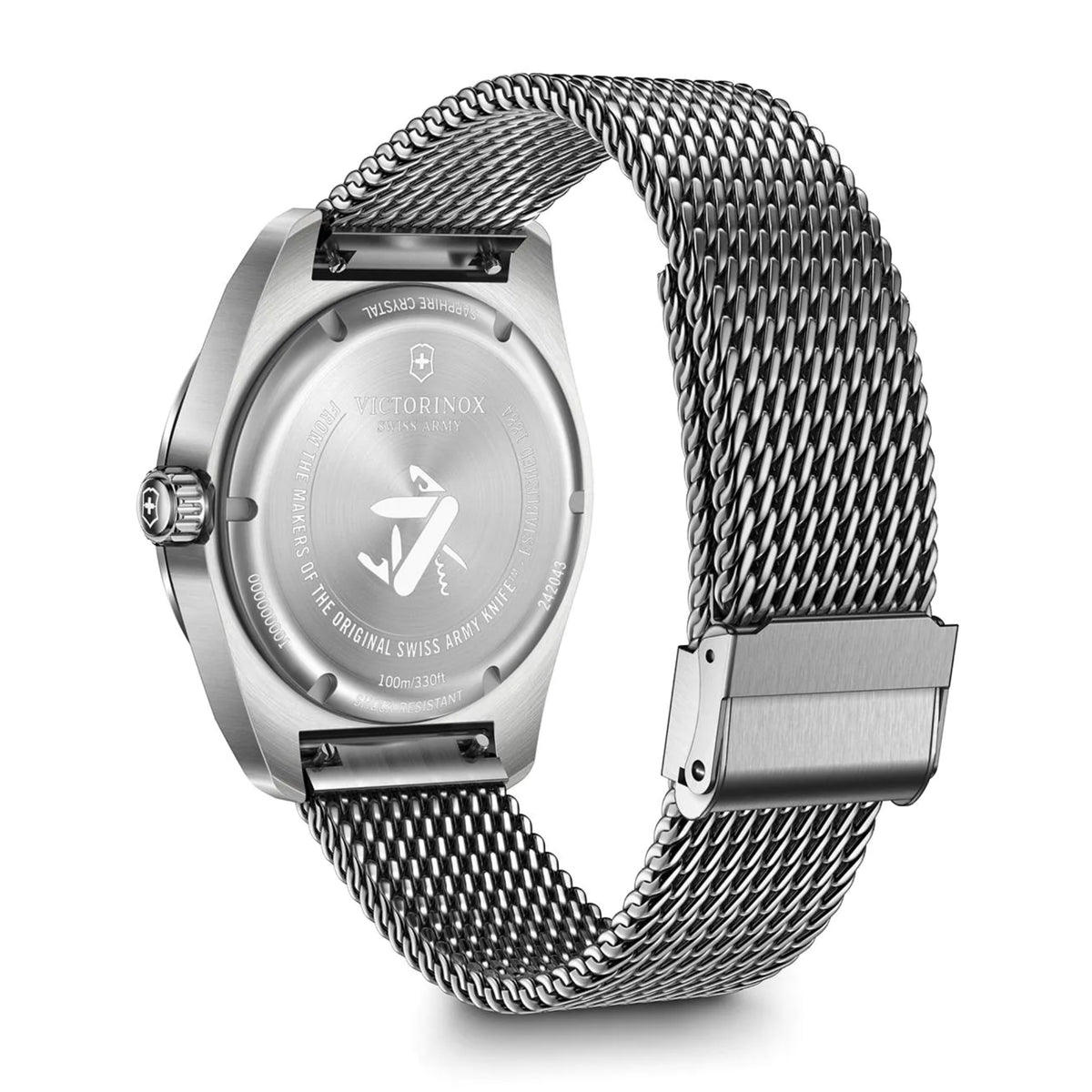 Quartz watch caseback view with engraved shield symbols and steel mesh bracelet