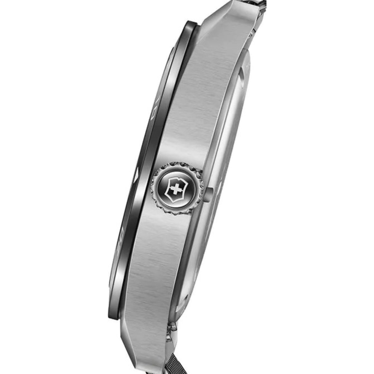 Men's steel watch case side view with crown featuring Swiss emblem
