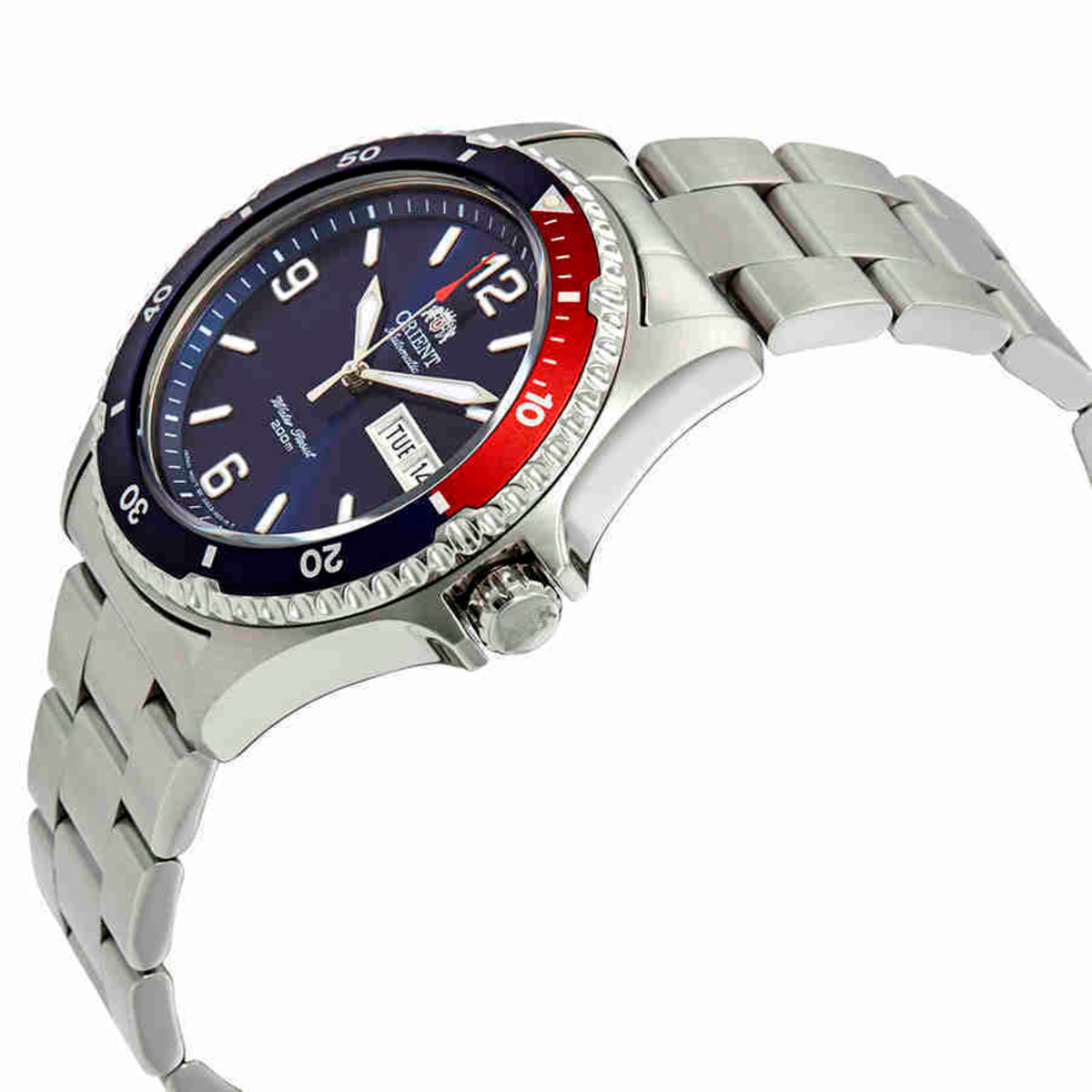 Men's automatic diver watch with blue dial, red-and-blue bezel, steel link bracelet