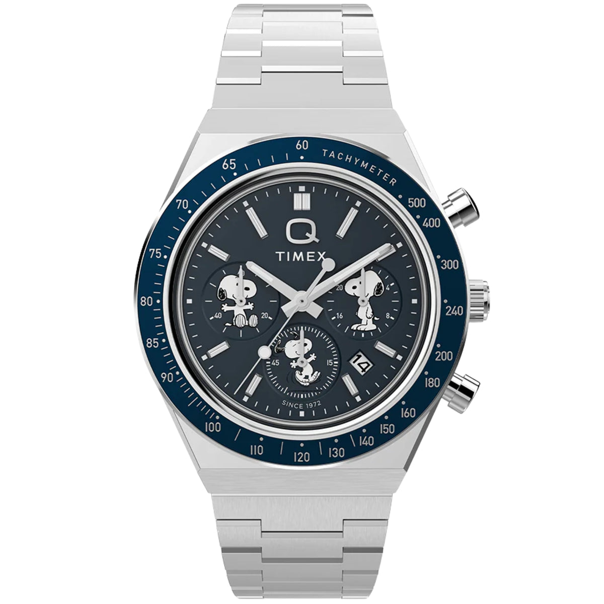 Stainless steel chronograph watch with dark blue dial, subdials, and tachymeter bezel