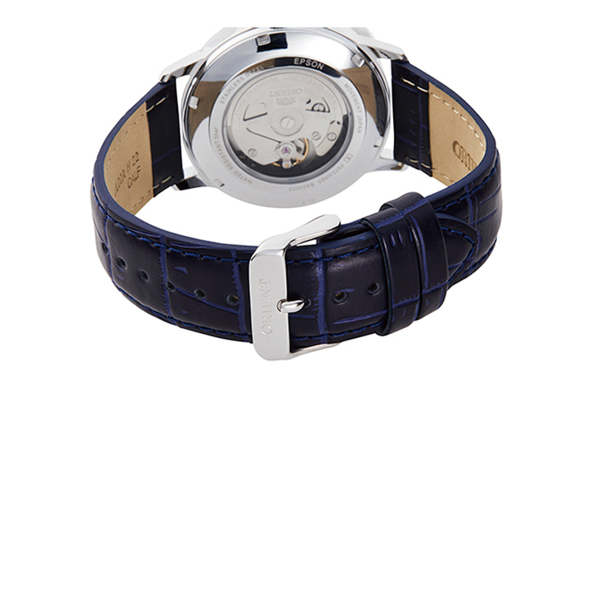 Exhibition caseback and blue leather strap of an Orient Contemporary 42mm automatic watch
