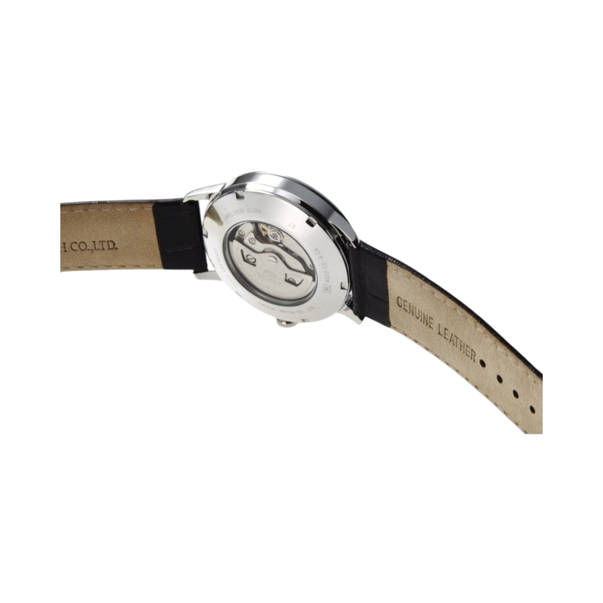 Back of Orient automatic watch with case and brown leather strap