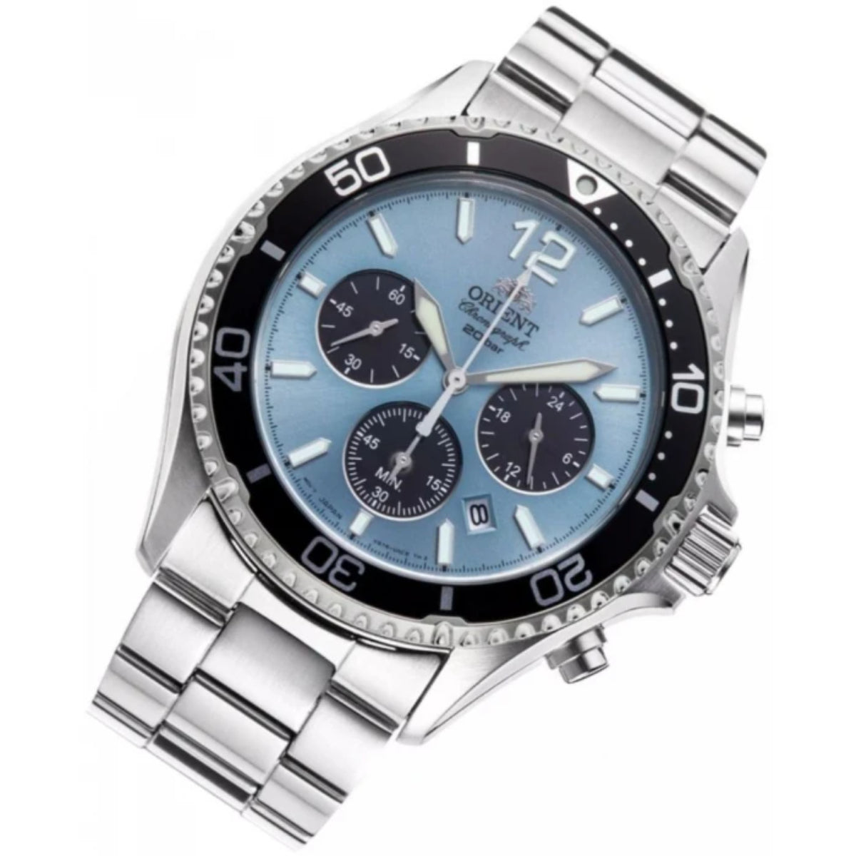 Stainless steel chronograph watch with light blue dial, black bezel, three subdials.