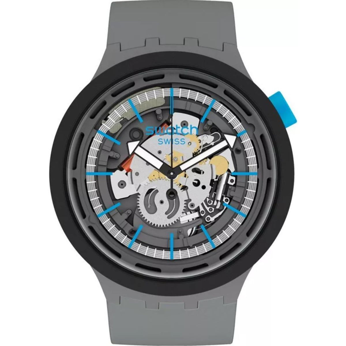Quartz watch with grey silicone strap, black bezel, transparent dial with blue markers
